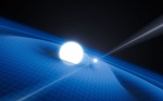 Pulsar orbiting a binary companion and the gravitational waves (or ripples) in spacetime. ESO